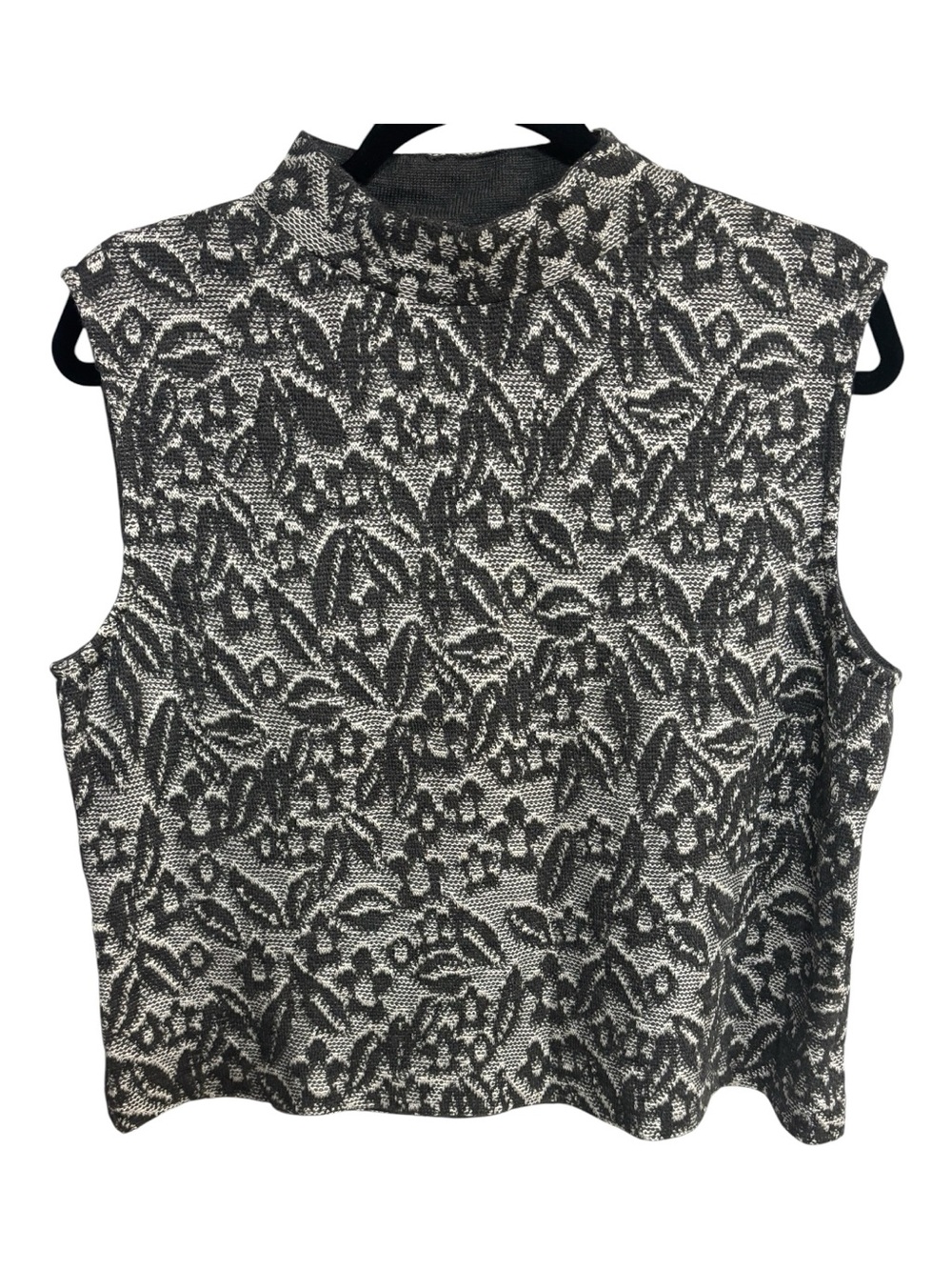 St. John Sleeveless Knit High-Neck Floral Jacquard Pattern Tank Gray & White L